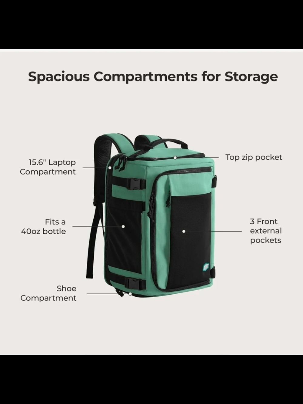 Unisex Mint Green and Black Travel Backpack - Spacious Compartments